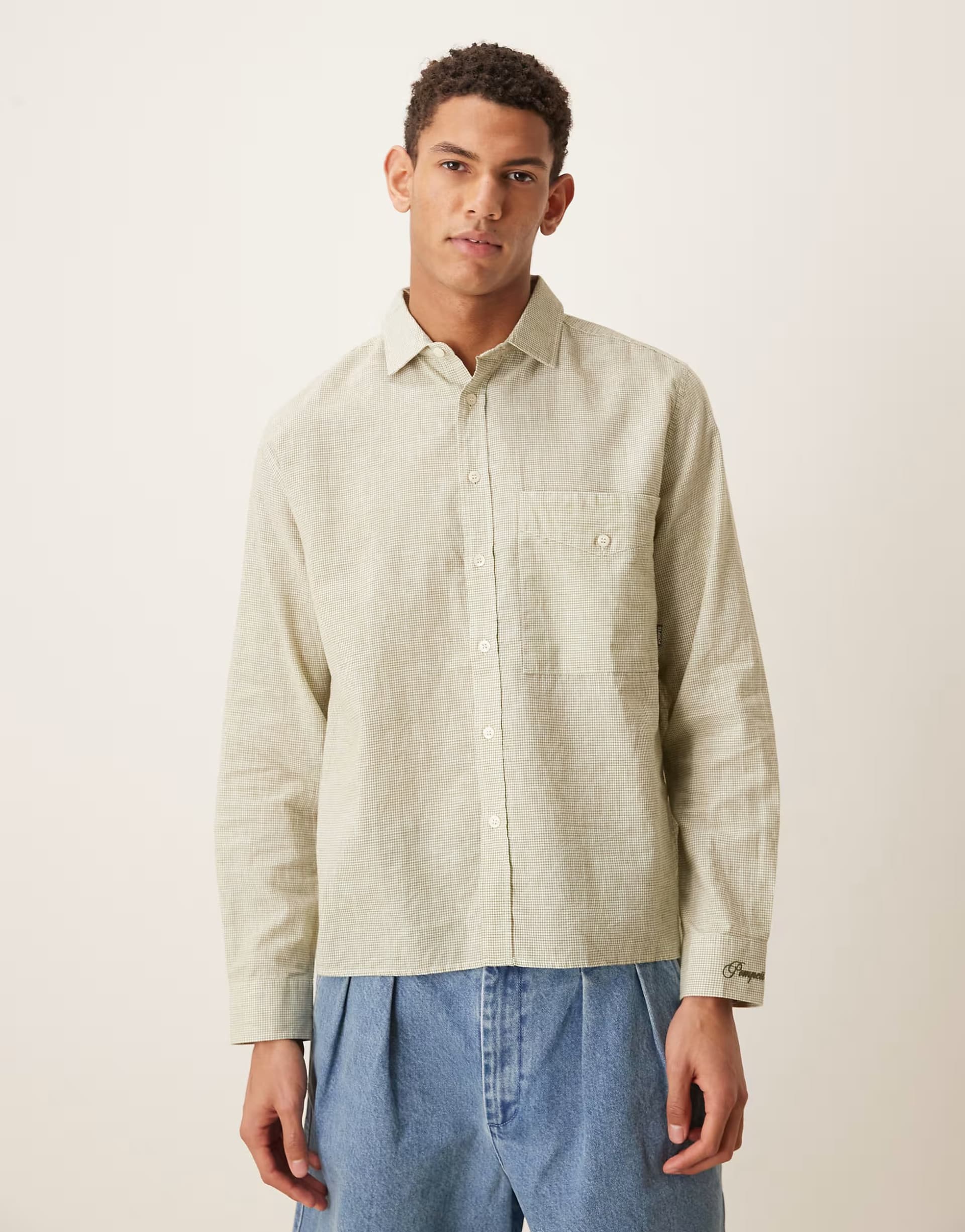 ASOS Pompeii micro check long sleeve linen shirt in khaki