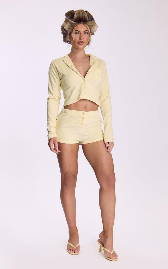EGO Button Front Shorts In Yellow Towelling Fabric, Women's Size UK 6 - 2