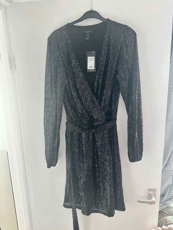New Look Black Sequin Wrap Dress Size 12 Tall