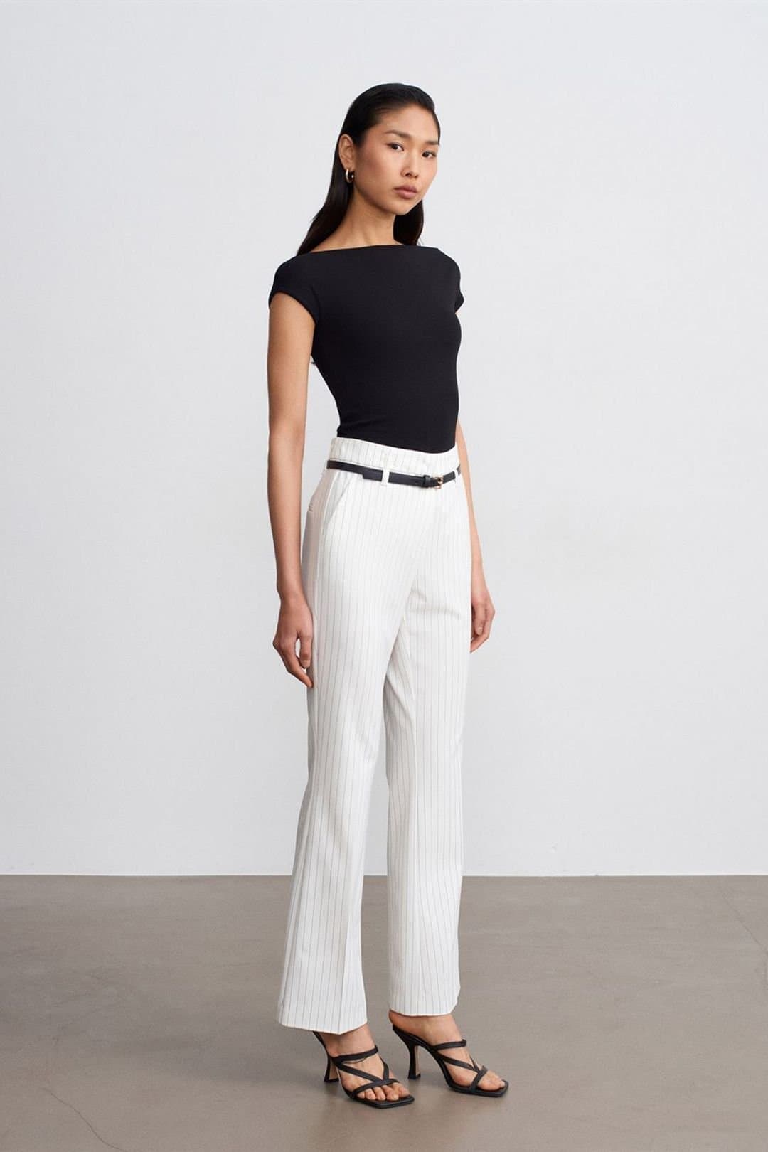 Dilvin Dilvin Women's High-waist Striped Flare Trousers With Belt in White