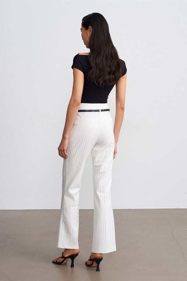 Dilvin Dilvin Women's High-waist Striped Flare Trousers With Belt in White - 2