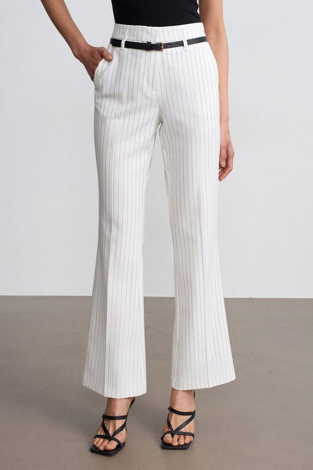 Dilvin Dilvin Women's High-waist Striped Flare Trousers With Belt in White - 3