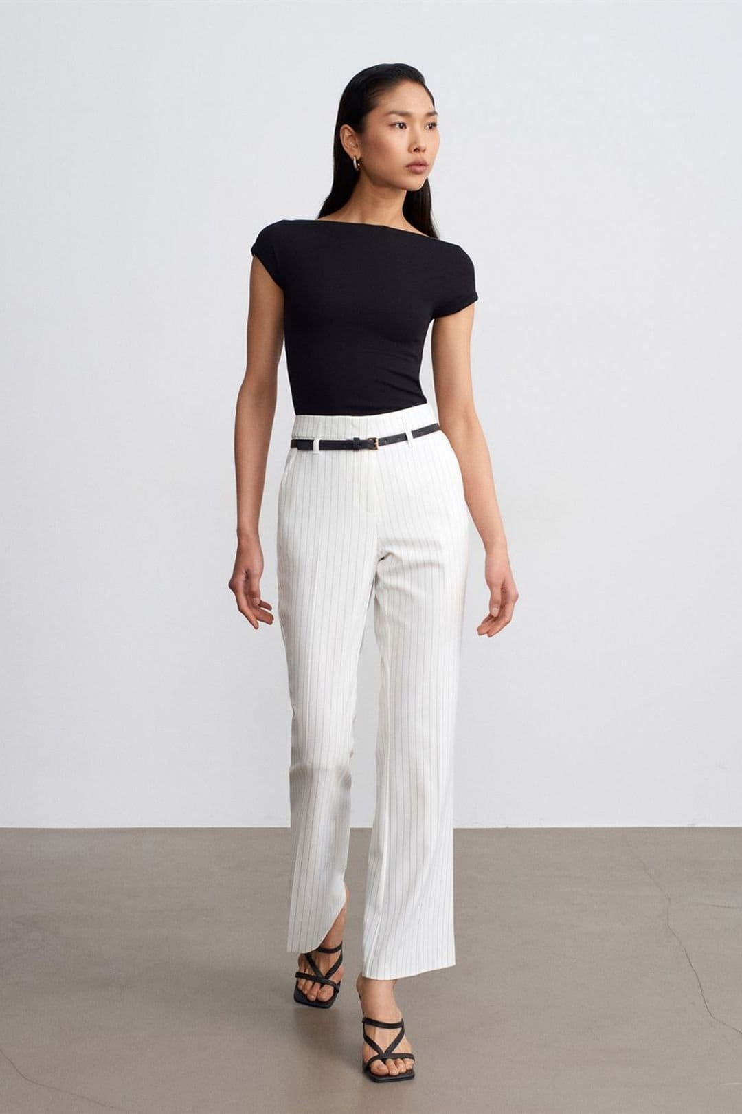Dilvin Dilvin Women's High-waist Striped Flare Trousers With Belt in White - 4