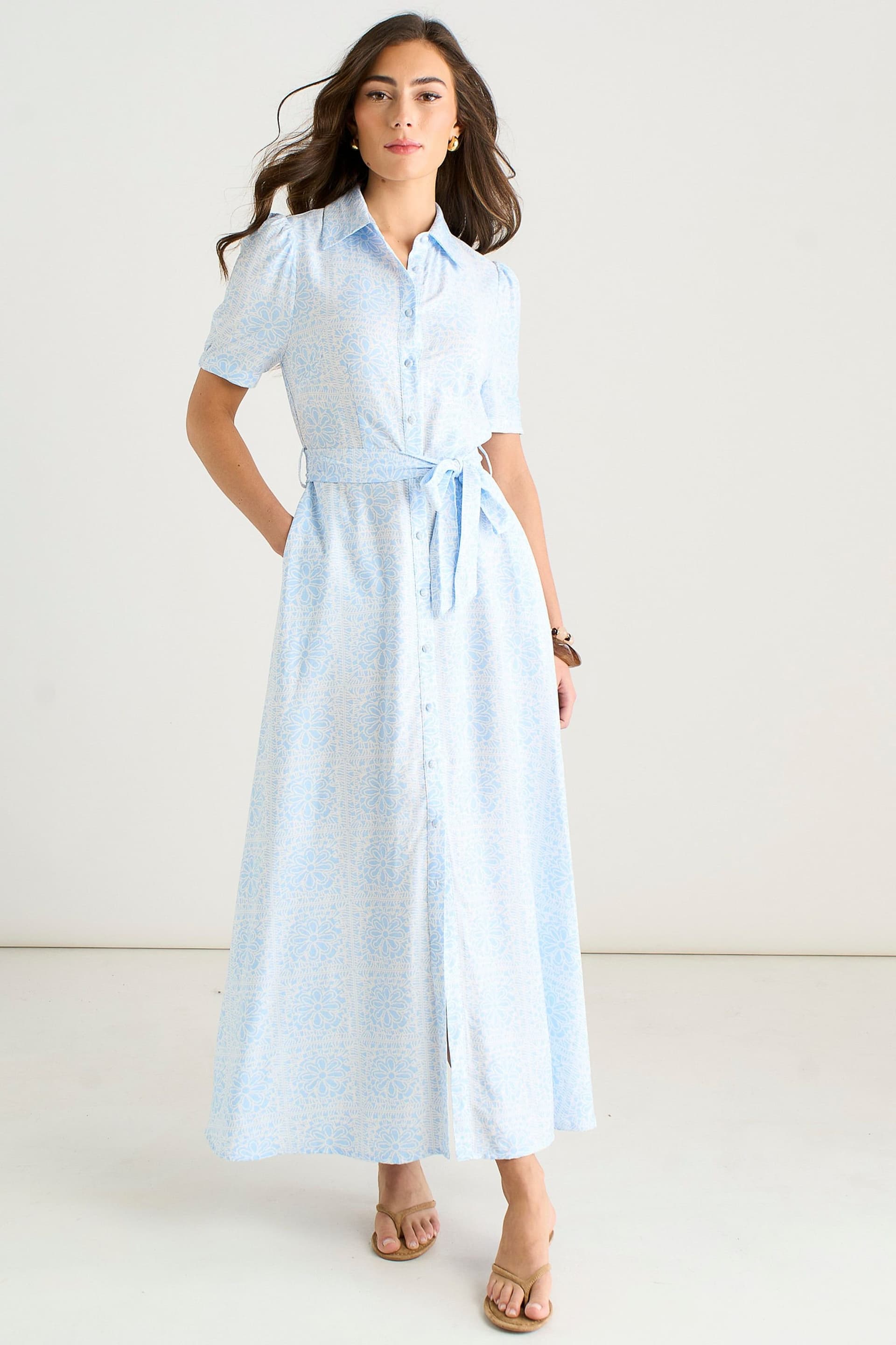 Gini London Gini London Women's Cotton Mix Blue Tile Print Button Through Maxi Shirt Dress