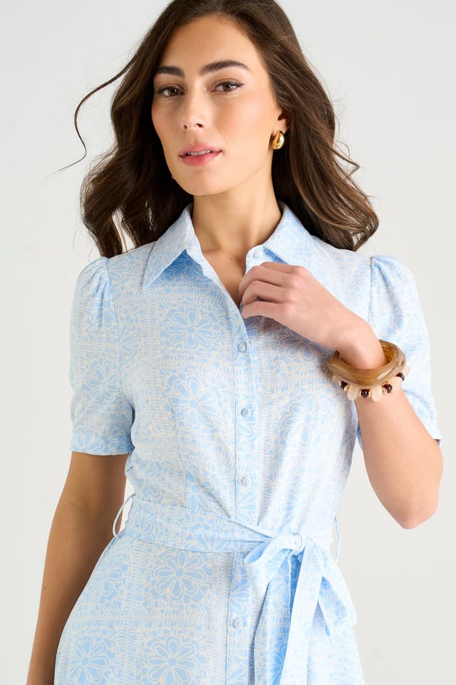 Gini London Gini London Women's Cotton Mix Blue Tile Print Button Through Maxi Shirt Dress - 2