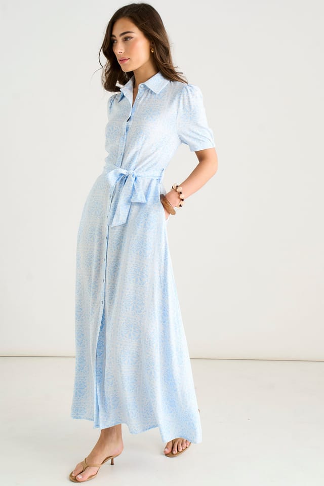 Gini London Gini London Women's Cotton Mix Blue Tile Print Button Through Maxi Shirt Dress - 3