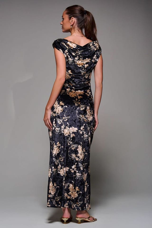 Jolie Moi Jolie Moi Women's Printed Velvet Draped Maxi Dress in Black - 2