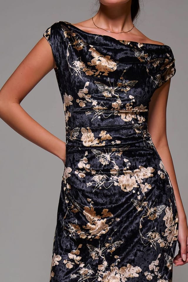 Jolie Moi Jolie Moi Women's Printed Velvet Draped Maxi Dress in Black - 3