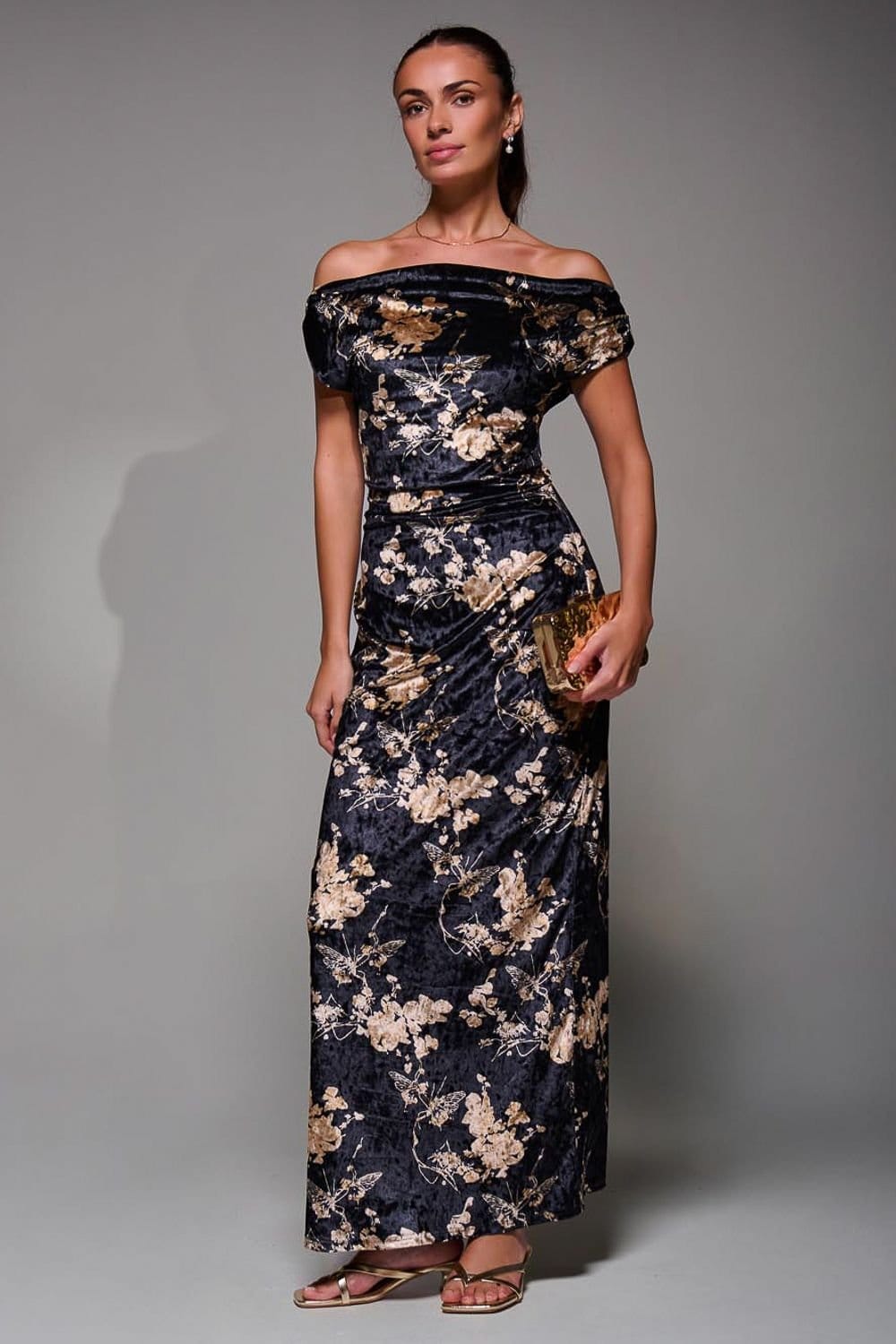 Jolie Moi Jolie Moi Women's Printed Velvet Draped Maxi Dress in Black - 4