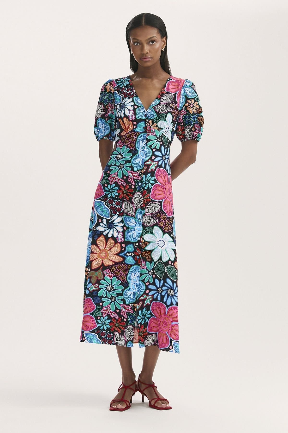 Finery London Finery London Women's Sarah Floral Button Down Midi Dress in Turquoise