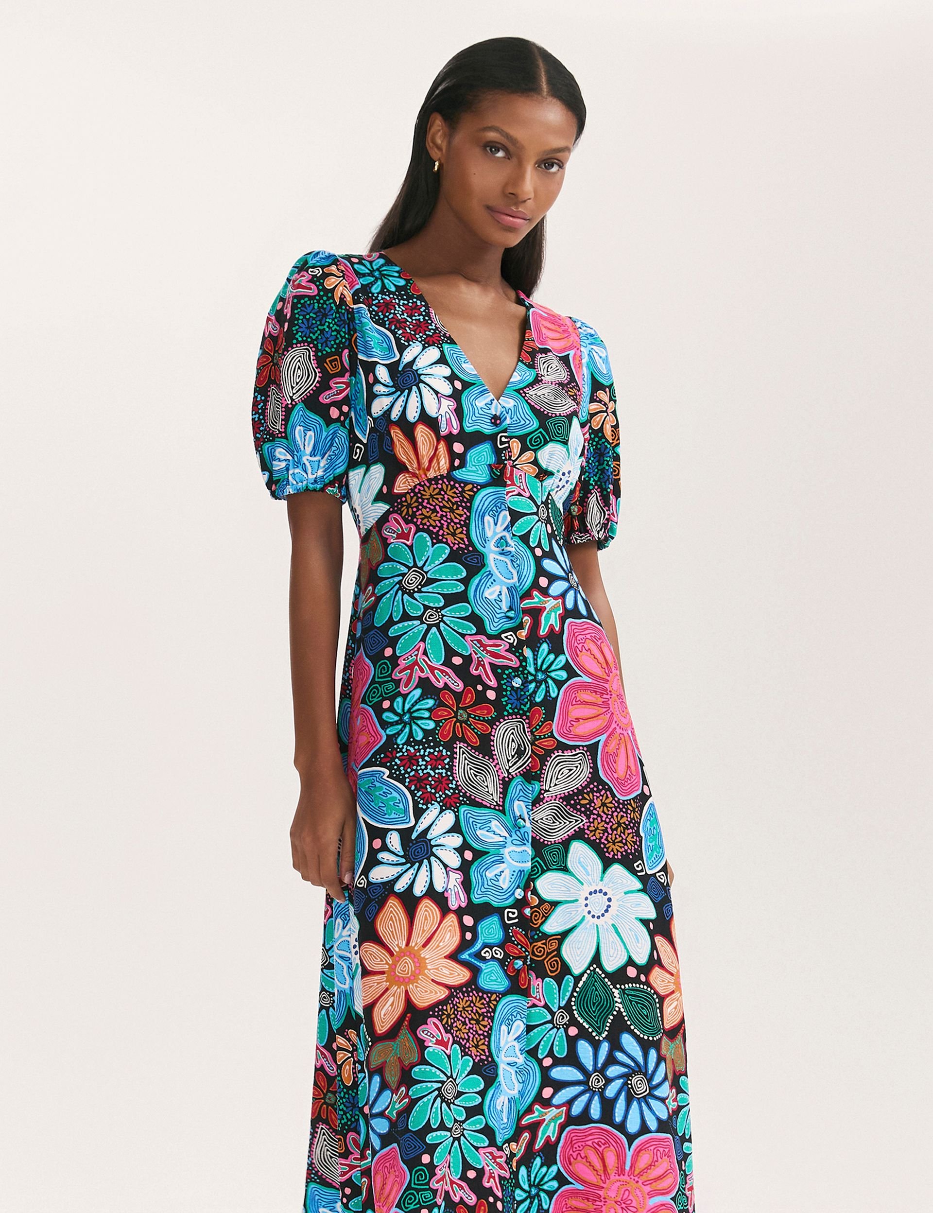 Finery London Finery London Women's Sarah Floral Button Down Midi Dress in Turquoise - 2