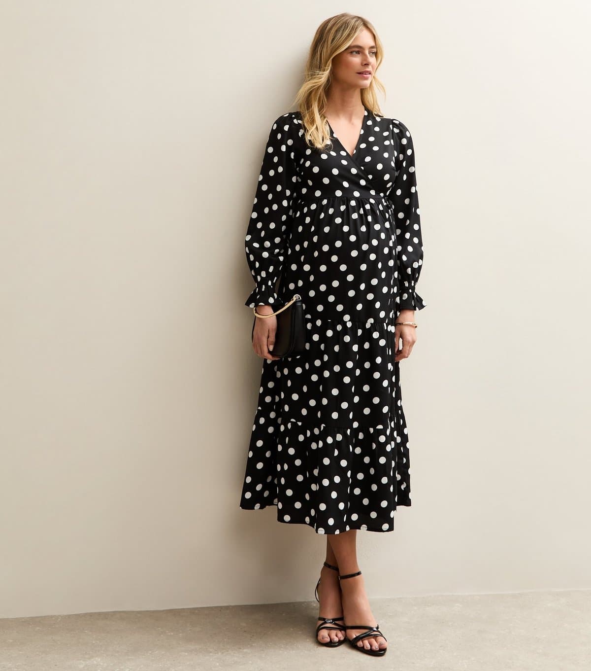 New Look Women's Maternity Black Polka Dot Midi Wrap Dress New Look