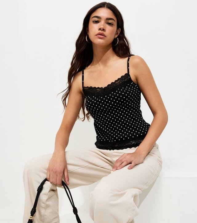 New Look Women's Black Cotton Rich Spotty Lace Trim Cami Top New Look - 2