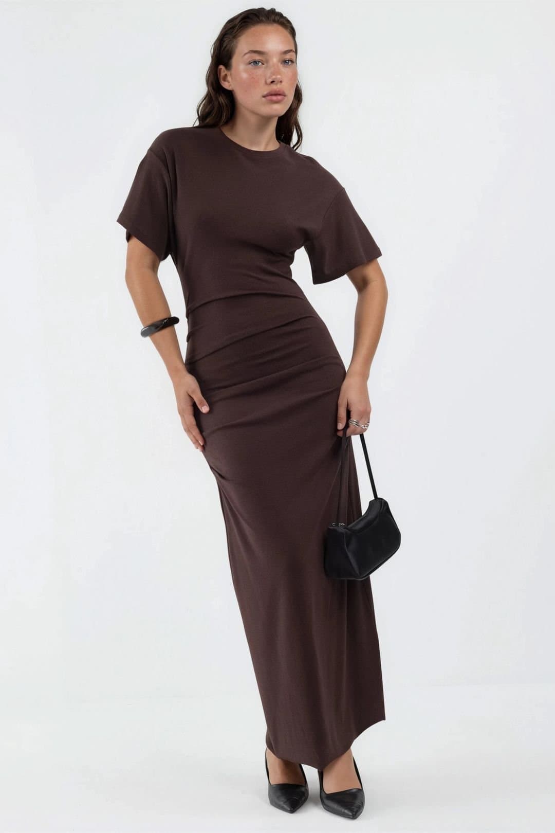 Busem Busem Women's Solid Crew Neck Bodycon Midi Dress in Chocolate