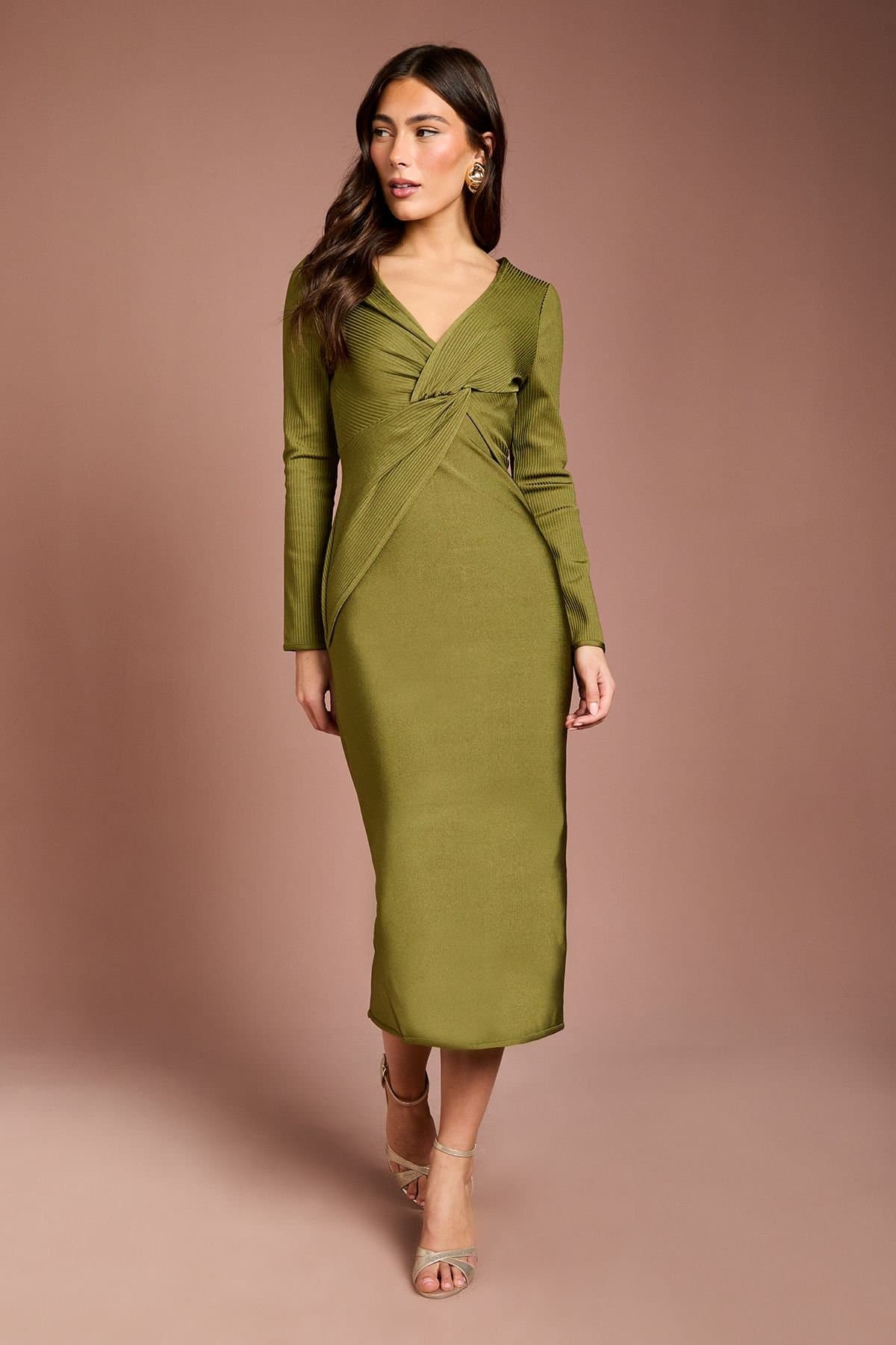 Coast Coast Women's Long Sleeve Twist Front Bandage Midi Dress in Olive
