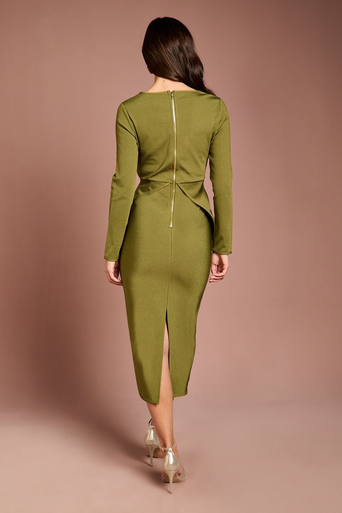 Coast Coast Women's Long Sleeve Twist Front Bandage Midi Dress in Olive - 3