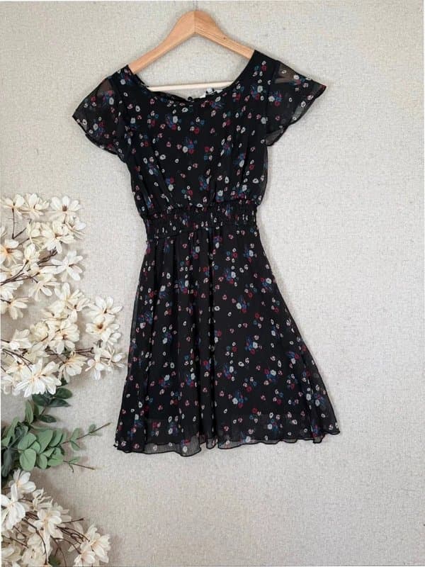 New Look New Look Black Floral Print UK 8 Mini Dress Sheer Sleeve