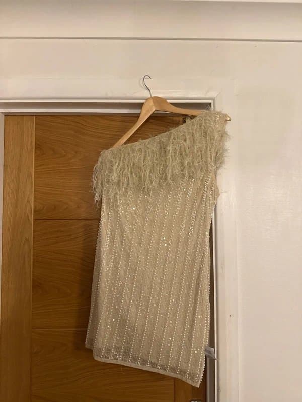 ASOS ASOS Luxe Cream Ivory Beaded Embellished Sequin One Shoulder Feather Trim Party Mini Dress