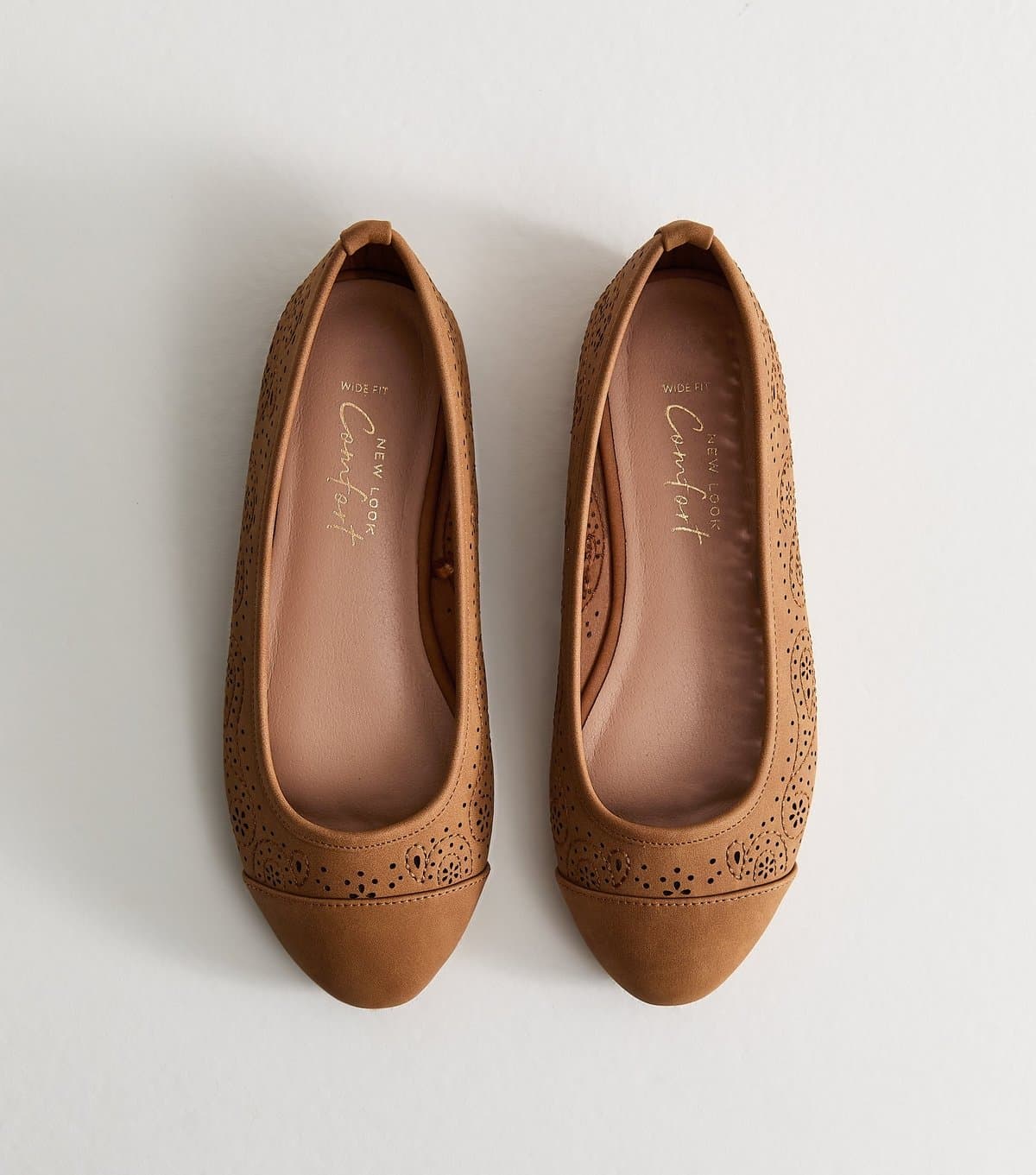 New Look Women's Wide Fit Tan Faux Leather Laser Cut Ballet Pumps Vegan New Look