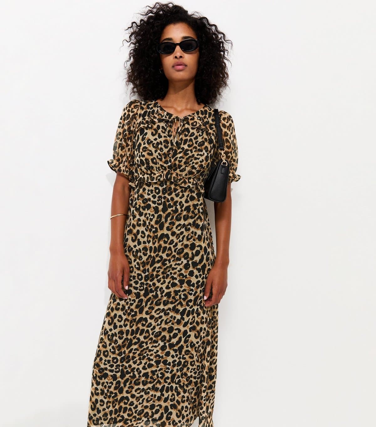 New Look Women's Brown Leopard Print Ruffle Chiffon Short Sleeve Midi Dress New Look