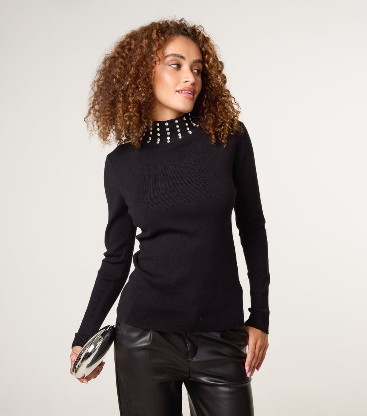 Blue Vanilla Women's Black Rib Diamanté Neck Jumper Blue Vanilla New Look