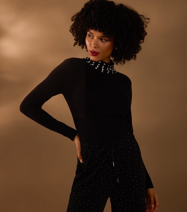 Blue Vanilla Women's Black Rib Diamanté Neck Jumper Blue Vanilla New Look - 2