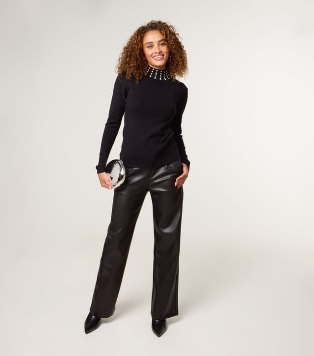 Blue Vanilla Women's Black Rib Diamanté Neck Jumper Blue Vanilla New Look - 3