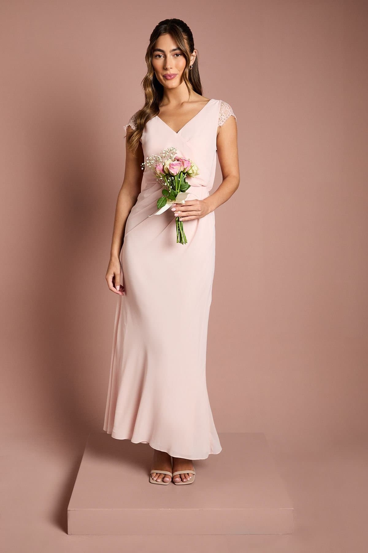 Coast Coast Women's Georgette & Lace Detail Wrap Effect Maxi Bridesmaid Dress in Blush