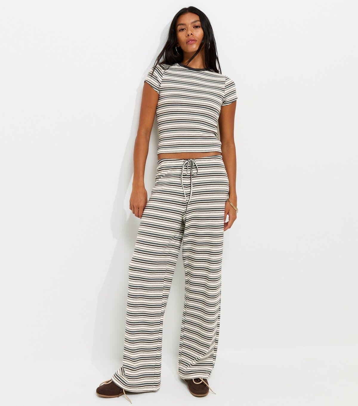 New Look Women's Cream Cotton Rich Striped Wide Leg Jersey Trousers New Look