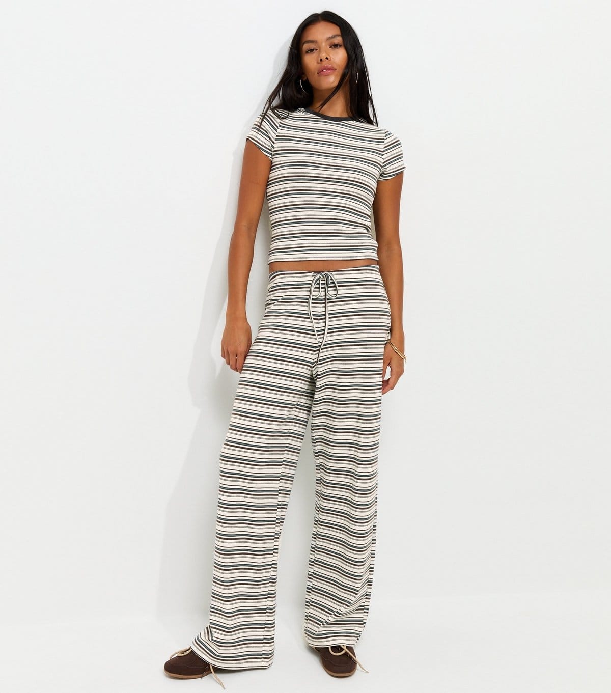 New Look Cream Striped Wide Leg Jersey Trousers