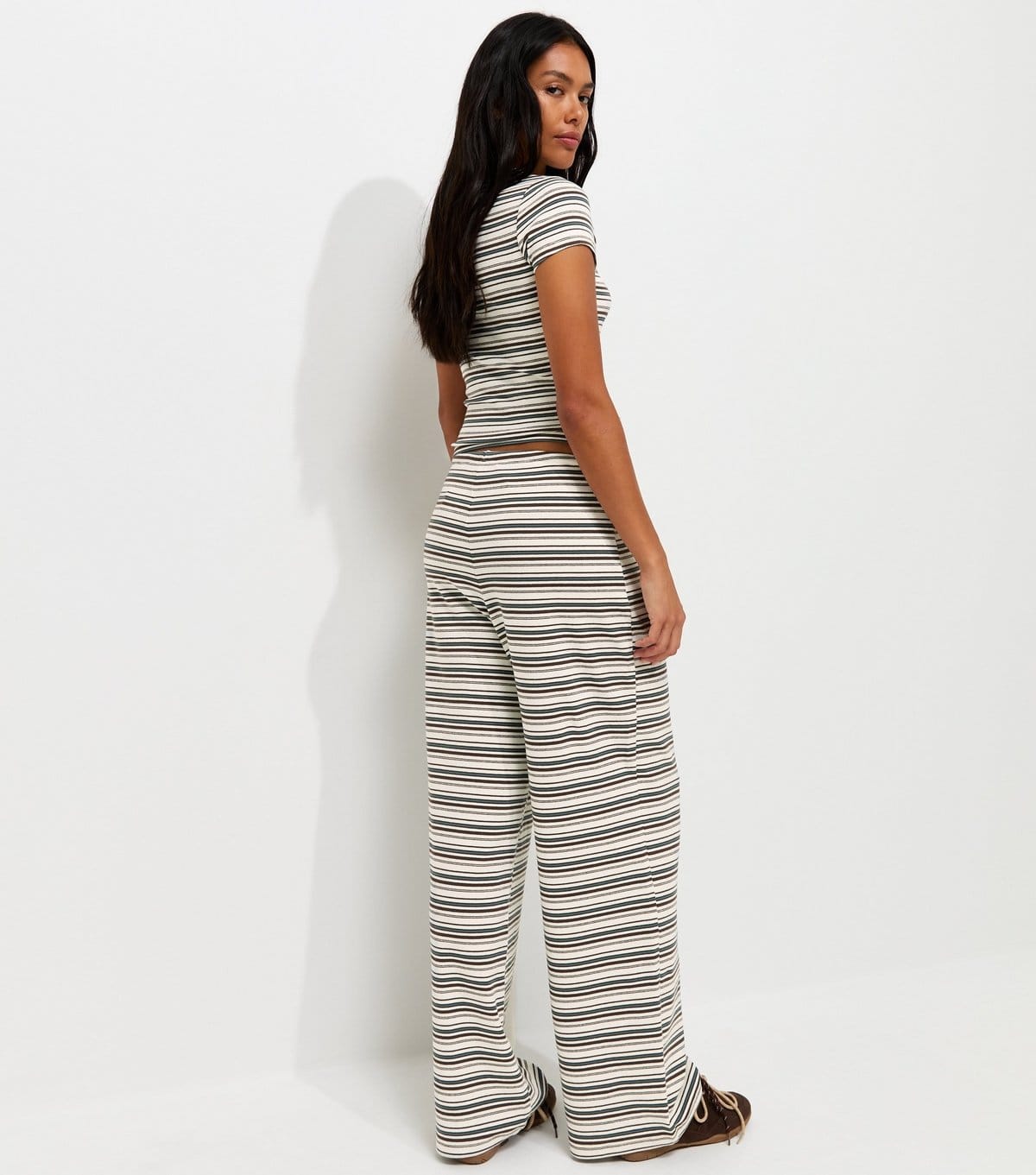 New Look Women's Cream Cotton Rich Striped Wide Leg Jersey Trousers New Look - 4