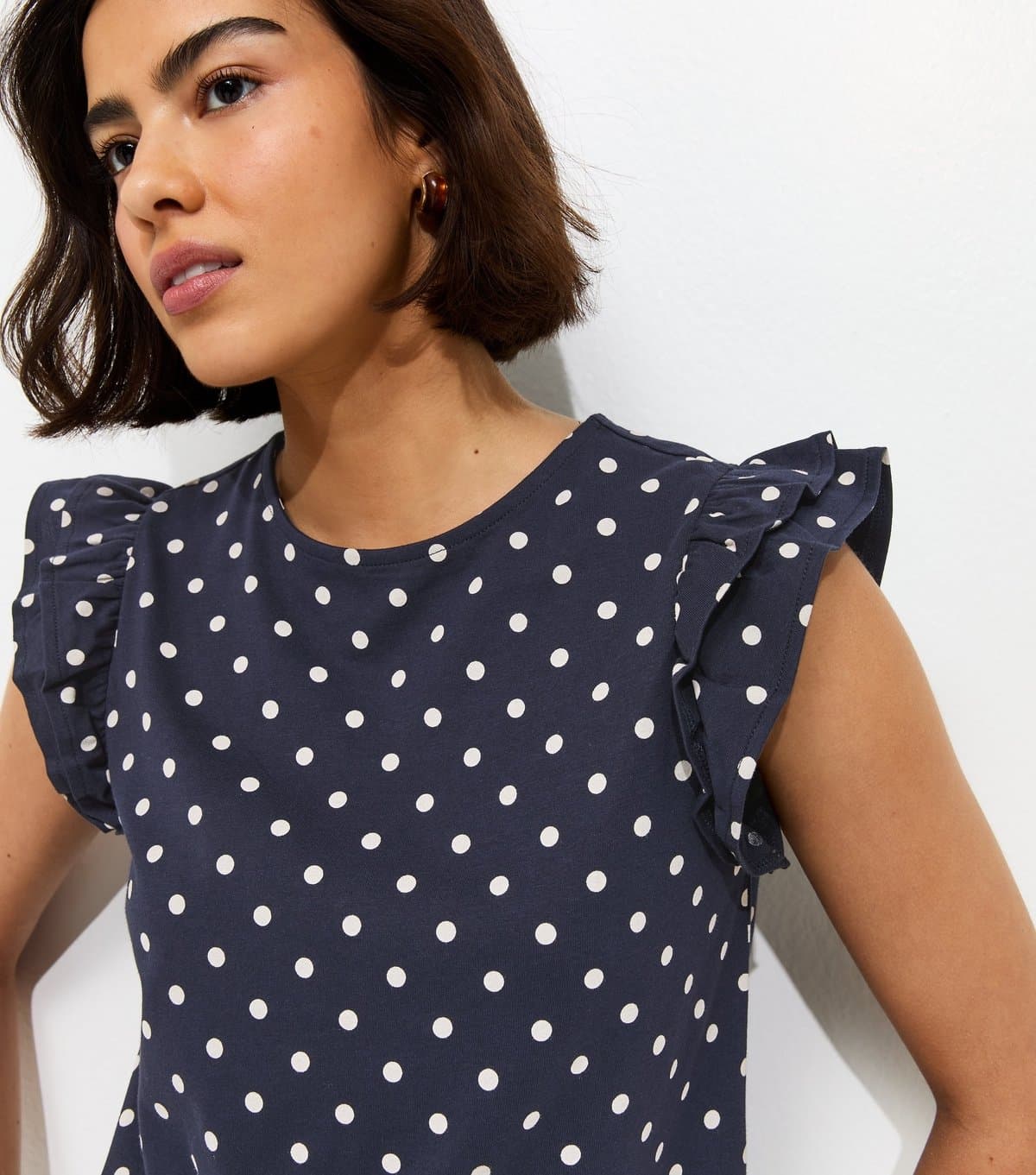 New Look Women's Navy Spot Print Frill Sleeve Top New Look