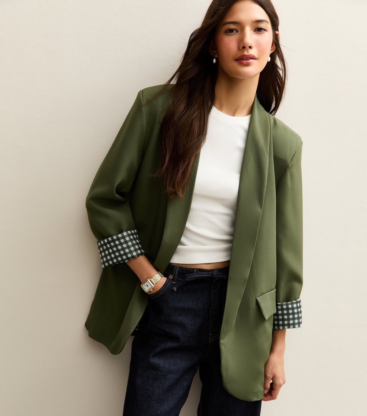 Gini London Women's Khaki Contrast Trim Check Blazer Gini London New Look - 2