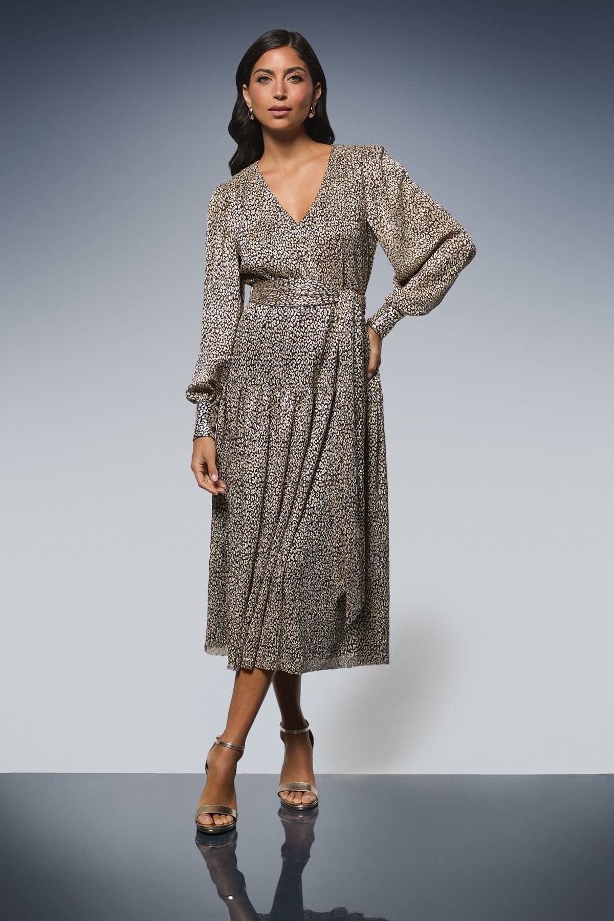 Wallis Wallis Women's Animal Metallic Tie Waist Midi Dress in Chocolate
