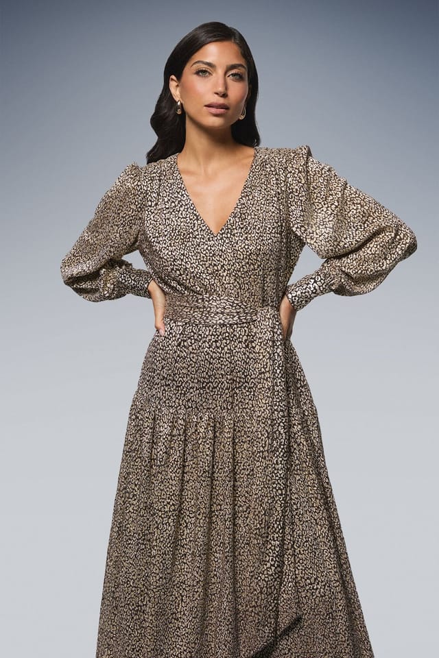 Wallis Wallis Women's Animal Metallic Tie Waist Midi Dress in Chocolate - 2