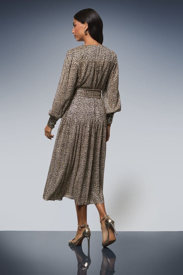 Wallis Wallis Women's Animal Metallic Tie Waist Midi Dress in Chocolate - 3