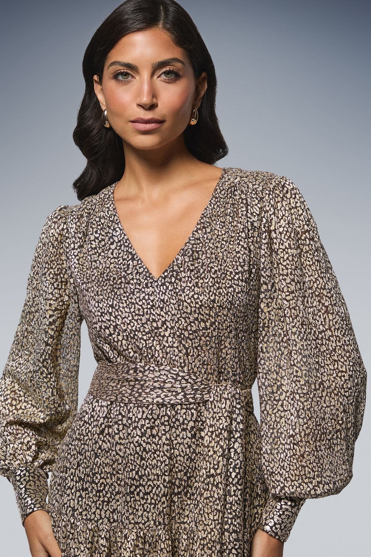 Wallis Wallis Women's Animal Metallic Tie Waist Midi Dress in Chocolate - 4