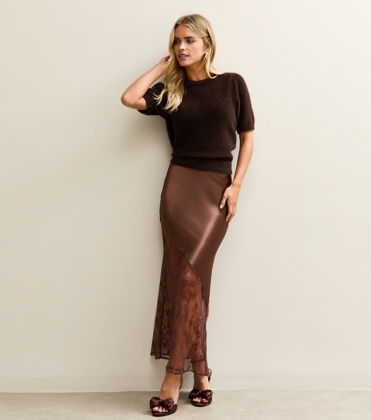 New Look Women's Petite Dark Brown Satin Lace Asymmetric Bias Midi Skirt New Look