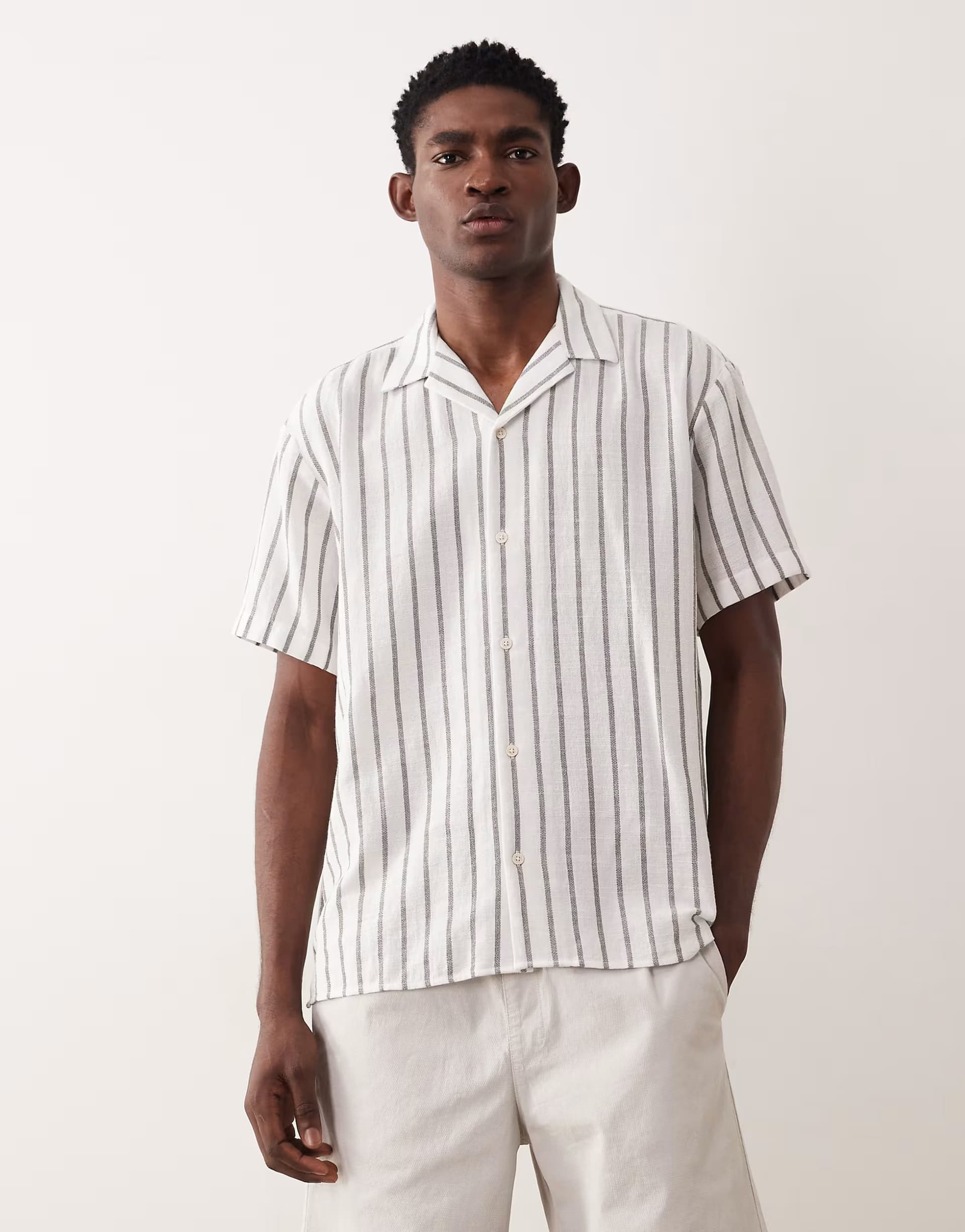ASOS Jack & Jones textured stripe shirt with short sleeves in khaki