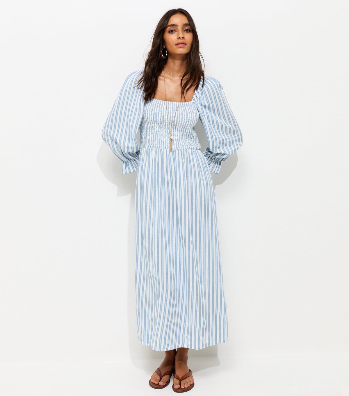New Look Women's Blue Striped Shirred Puff Sleeve Midi Dress New Look