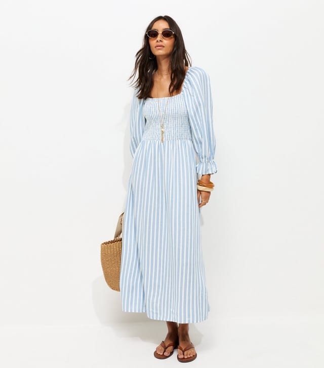 New Look Women's Blue Striped Shirred Puff Sleeve Midi Dress New Look - 3