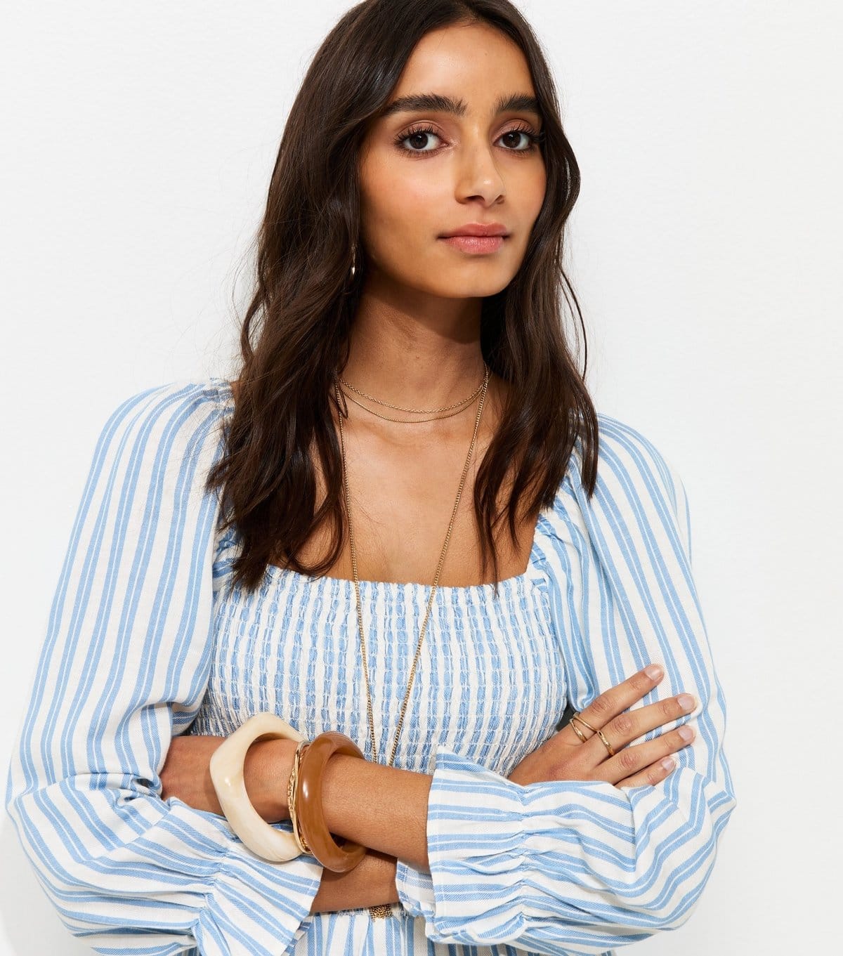 New Look Women's Blue Striped Shirred Puff Sleeve Midi Dress New Look - 4