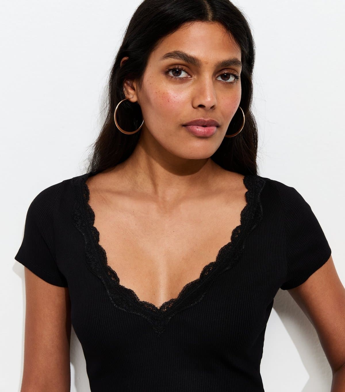 New Look Women's Black V Neck Lace Trim Top New Look