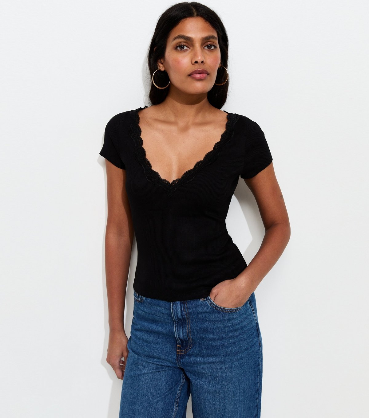 New Look Women's Black V Neck Lace Trim Top New Look - 3