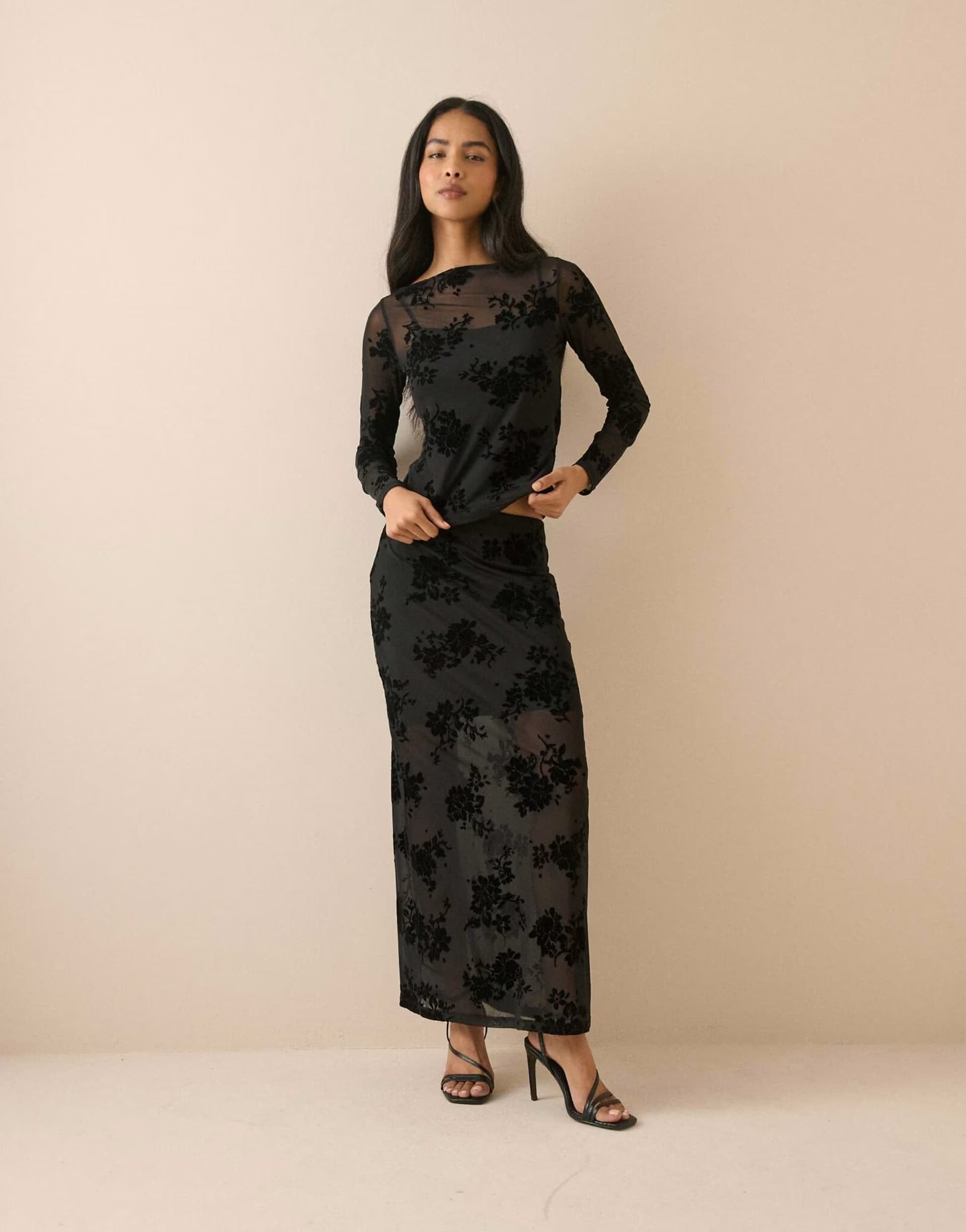 ASOS Nobody's Child Floral mesh maxi skirt in black
