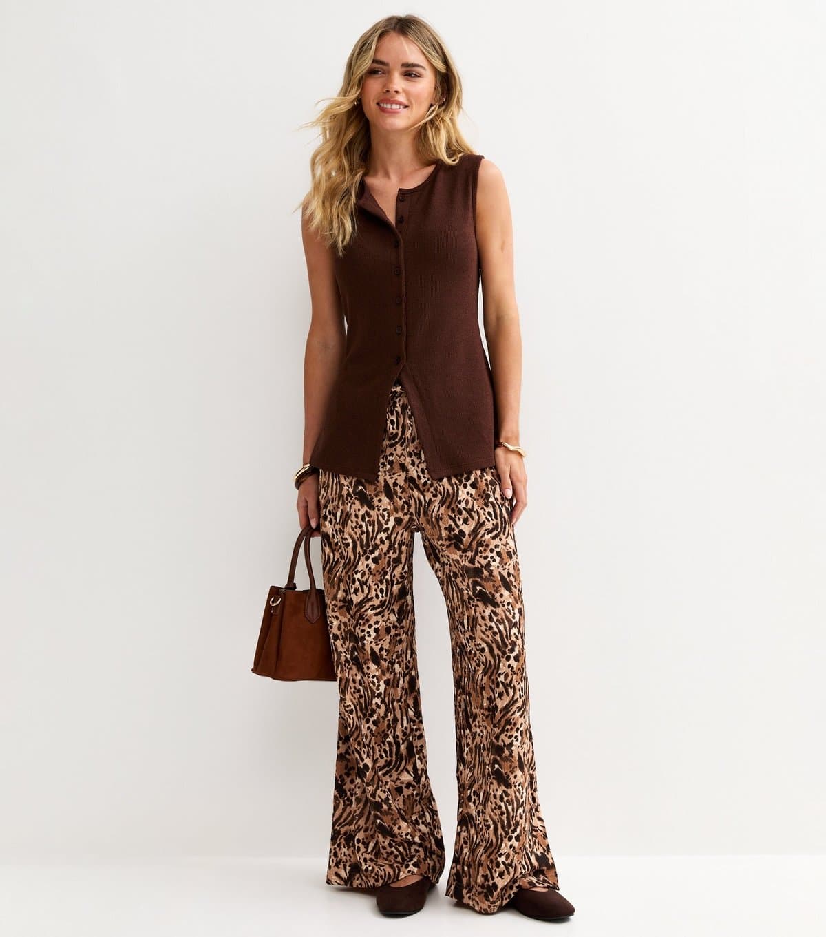 New Look New Look Brown Animal Print Wide Leg Trousers