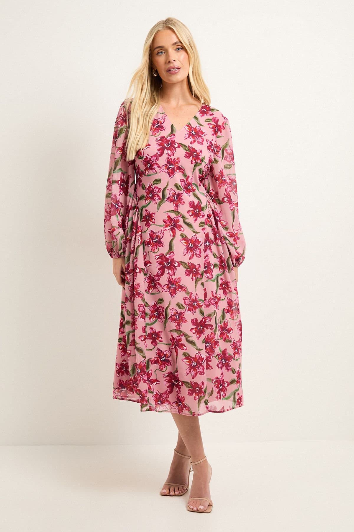 Wallis Wallis Women's Petite Floral Seam Detail Midi Dress in Pink