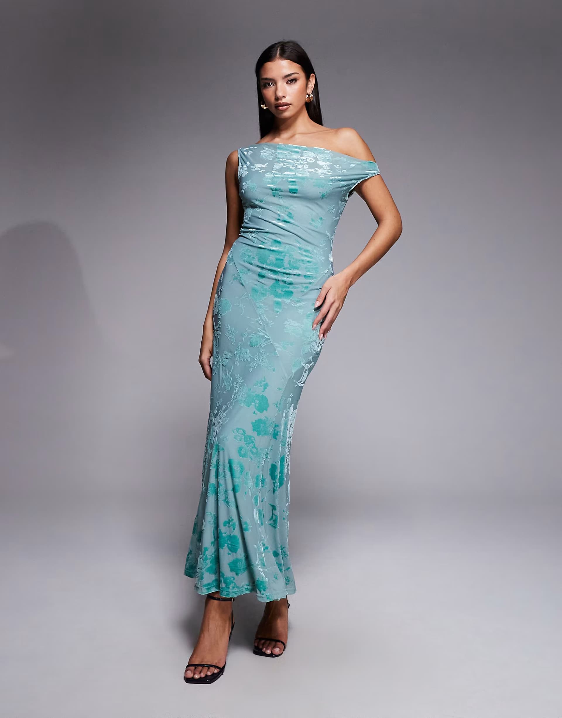ASOS Rare London fallen shoulder burnout floral maxi dress in teal