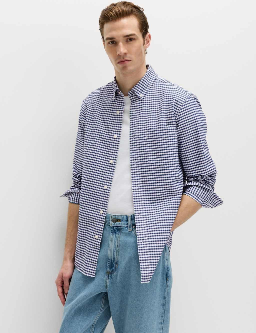 Marks & Spencer M&S Ultimate Pure Cotton Check Oxford Shirt Natural Mix