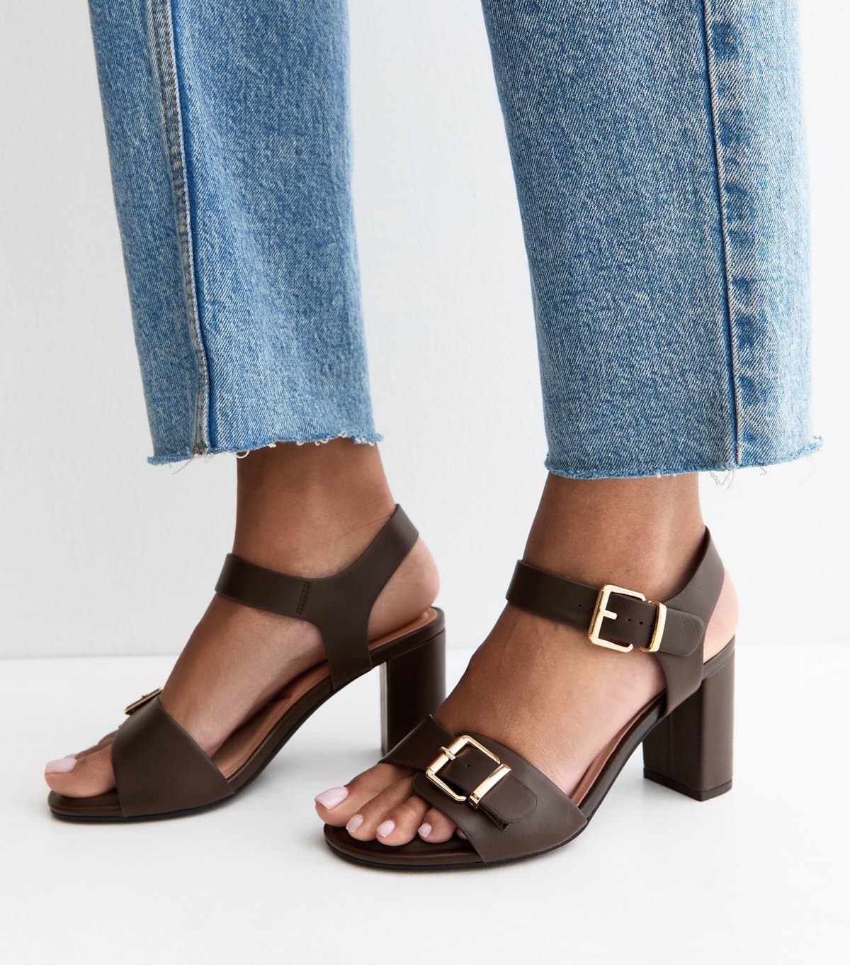 New Look Women's Wide Fit Dark Brown Double Buckle Block Heel Sandals Vegan New Look